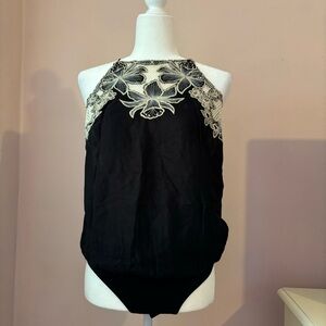 Free People Drapey Top Tie-Back Bodysuit with Floral Embroidery